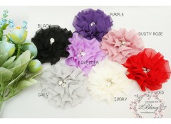 Chiffon flower with three rhinestones, 8cm Pack of 2